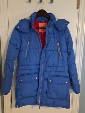 J. Crew Bright Blue Signature Puffer Coat with Red Lining
